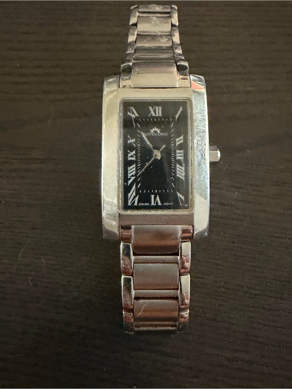 Roven Dino Rectangular Quartz Watch Black Dial Silver Bracelet, model no. 6006L